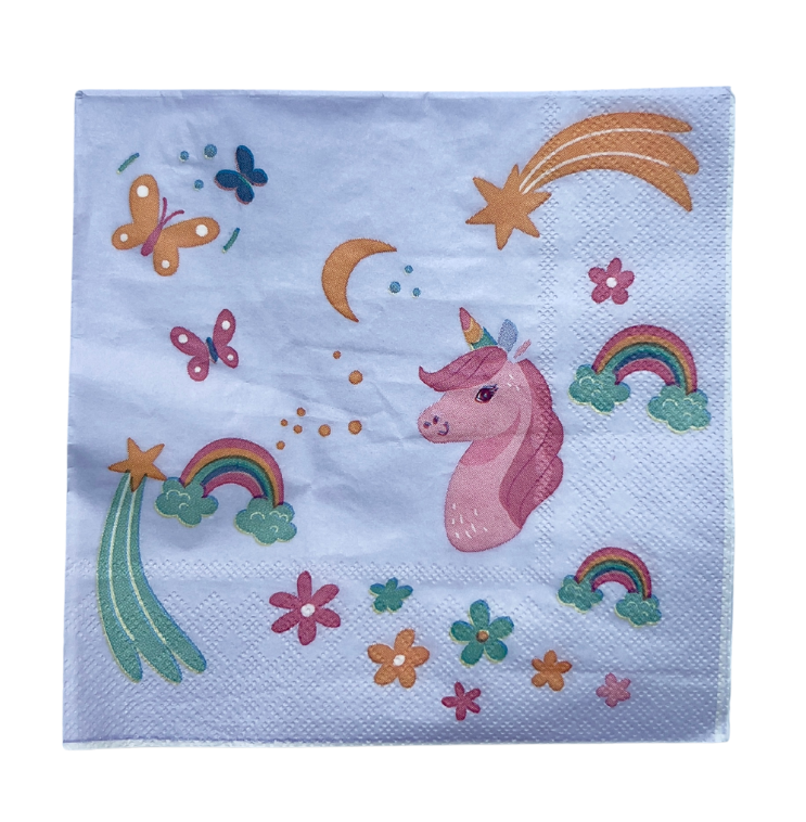 Serviettes motifs licorne et arc en ciel x20