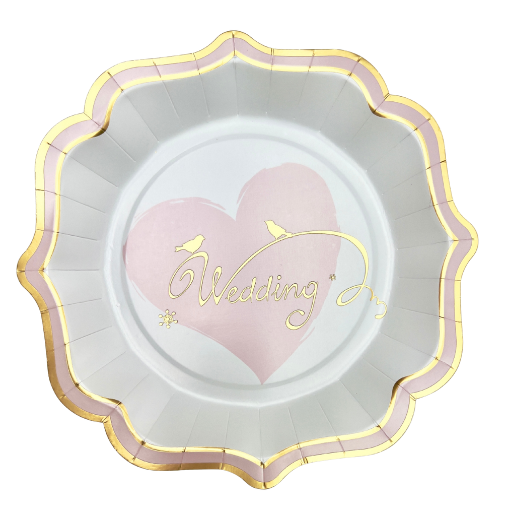 Assiettes contour festonné et bord ondulé motif cœur inscription’’Wedding’’ x10