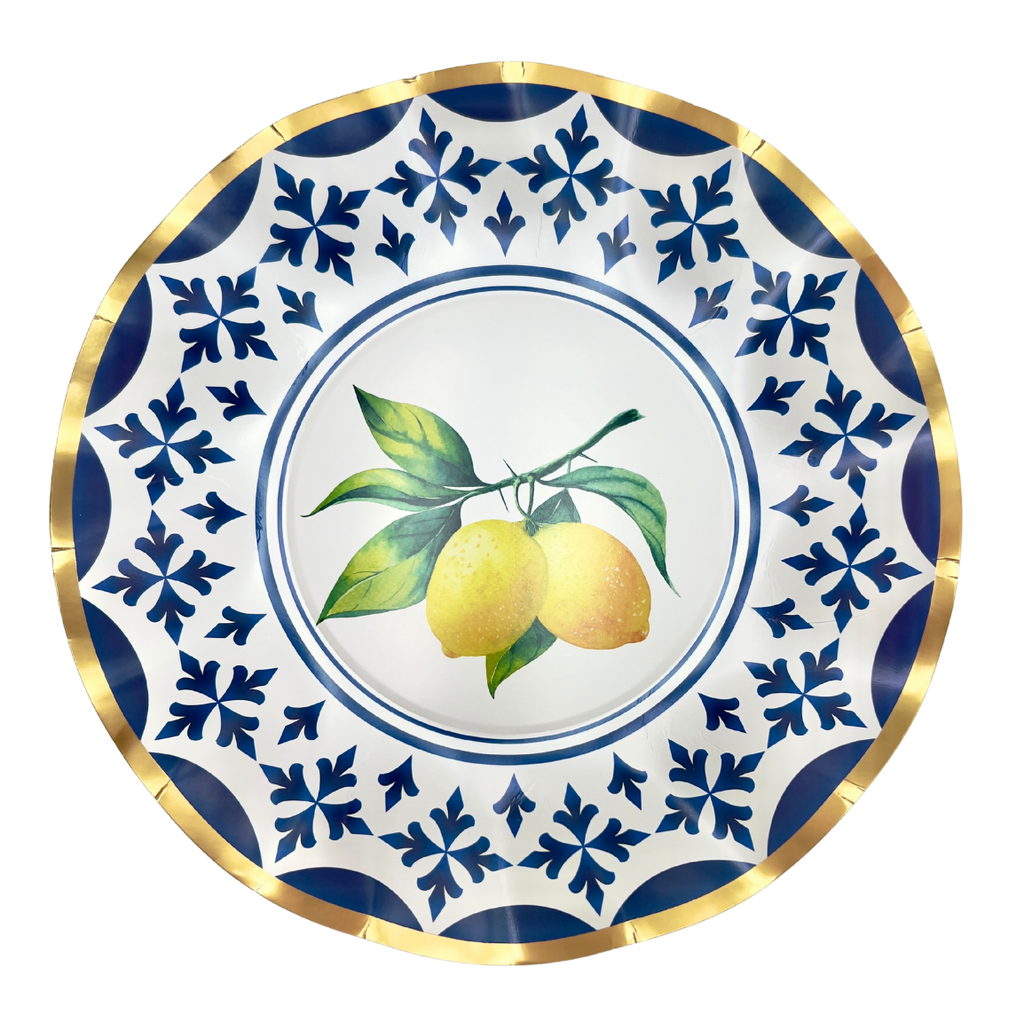 Assiettes rondes ondulé motif citron et formes géométrique x10
