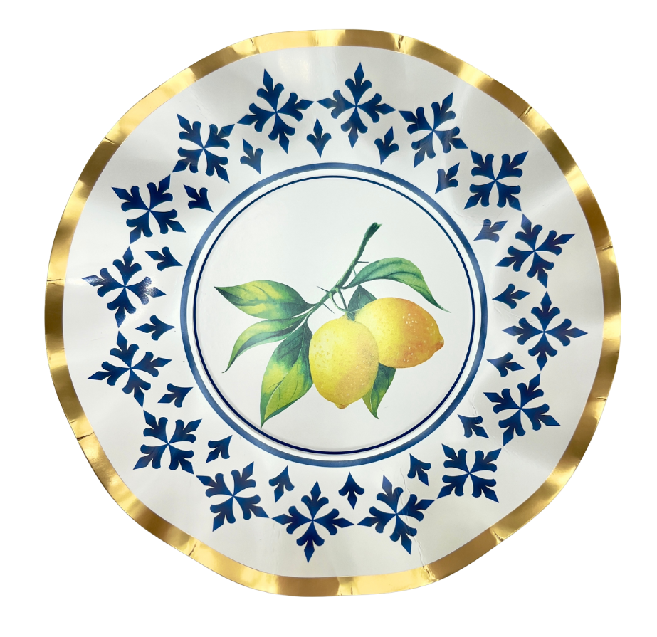 Assiettes à dessert rondes ondulé motif citron et formes géométrique x10